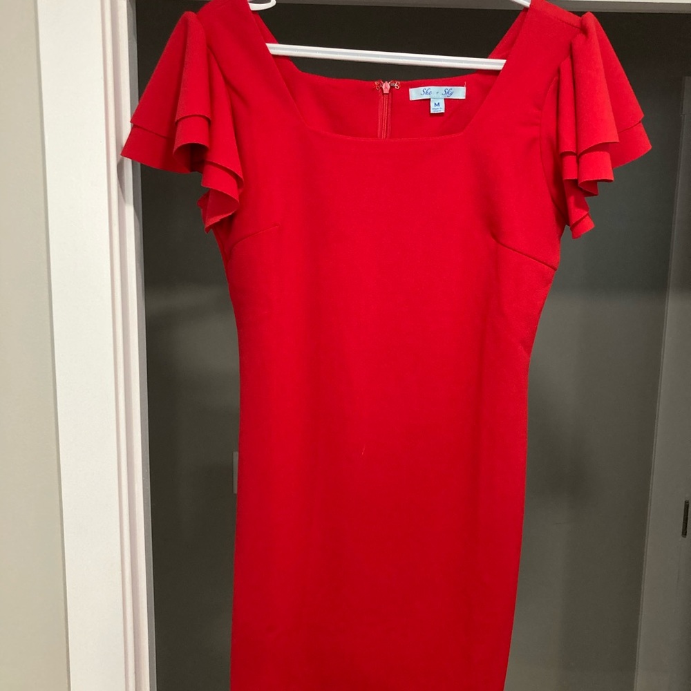 She + Sky red frilly sleeve dress